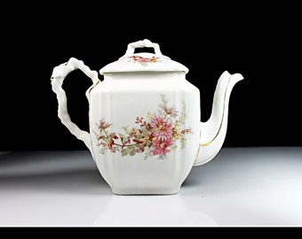 Antique Leonard Vienna Teapot, 4 Cup, Square, Pink Flowers, Embossed, Gold Trim