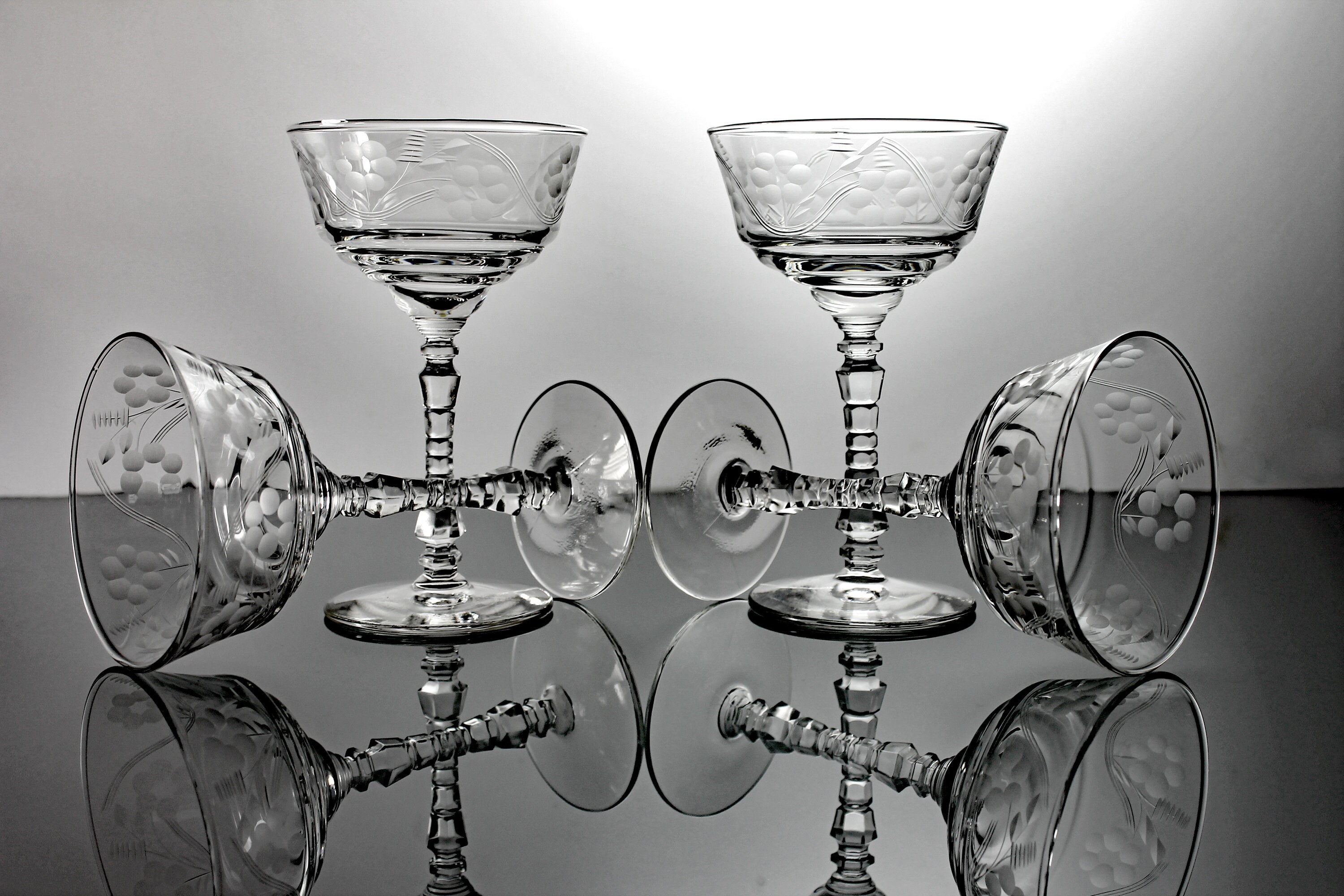 Etched Liquor Cocktail Glasses, Rock Sharpe, Libbey, Wine Glasses, Gray