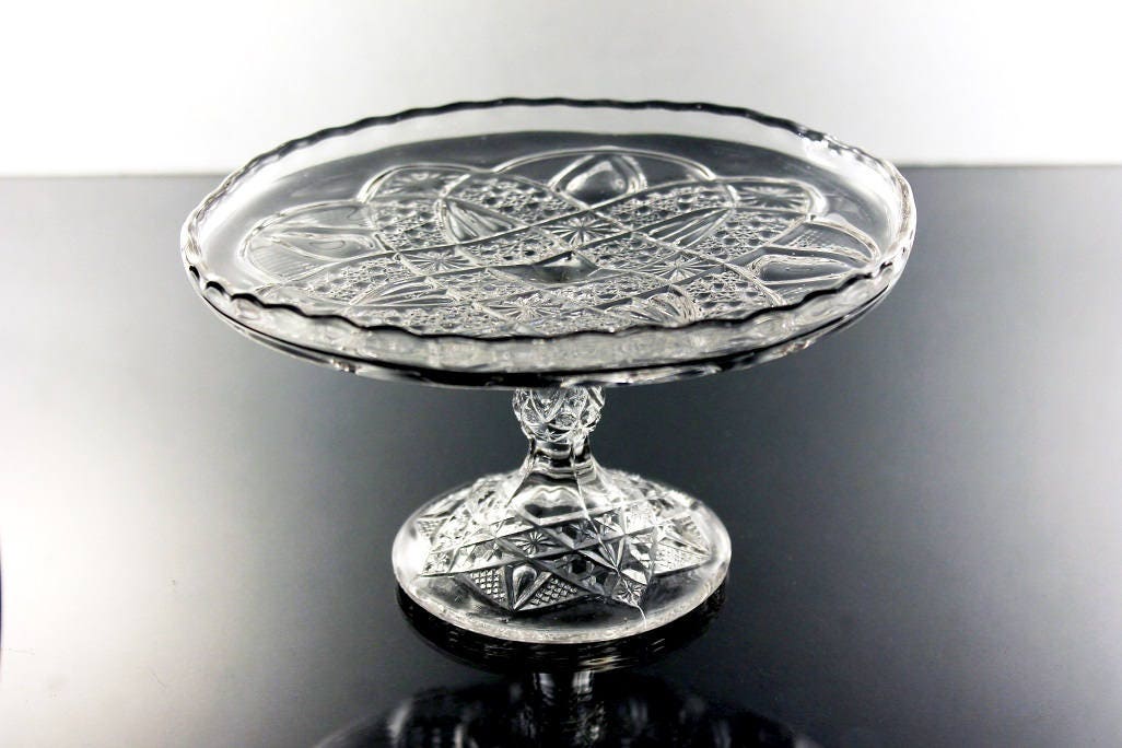 Antique EAPG Pedestal Dish, Small Compote, Bands and Star, Pressed Glass, Clear Glass, Serving
