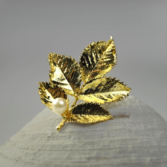 Gold-Tone Leaf Brooch with Faux Pearl, Five-Leaf Pin, Mid-Century Costume Jewelry