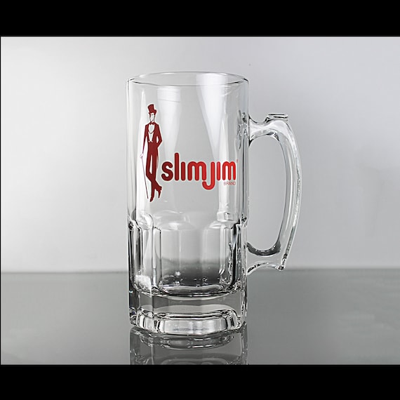 Slim Jim Beer Mug, Libbey Glass, Heavy Clear Glass, 32 Ounce, Advertising Mug, Barware, Men's Gift
