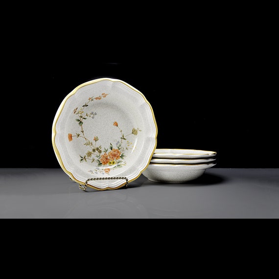 Soup Bowls Set of 4 - Mikasa Garden Club Silk Bouquet, Discontinued Stoneware Floral Design