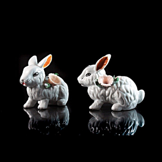 Rabbit Figurines, Bunny Figurines, Set of Two, Hand Painted, Raised Flower, White, Figurine, Porcelain, Collectible