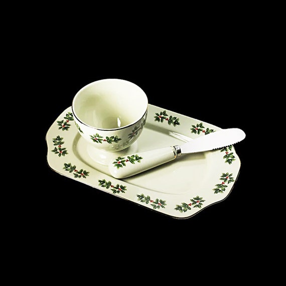 Holiday Serving Set, Living Quarters, Holly Leaves and Berries, Tray, Knife and Dip Bowl