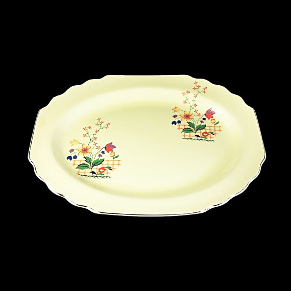 Oval Platter, W S George, Gaylea, Canarytone, Lido, Yellow Fence and Tulips, Serving Platter, Platinum Trimmed, Discontinued