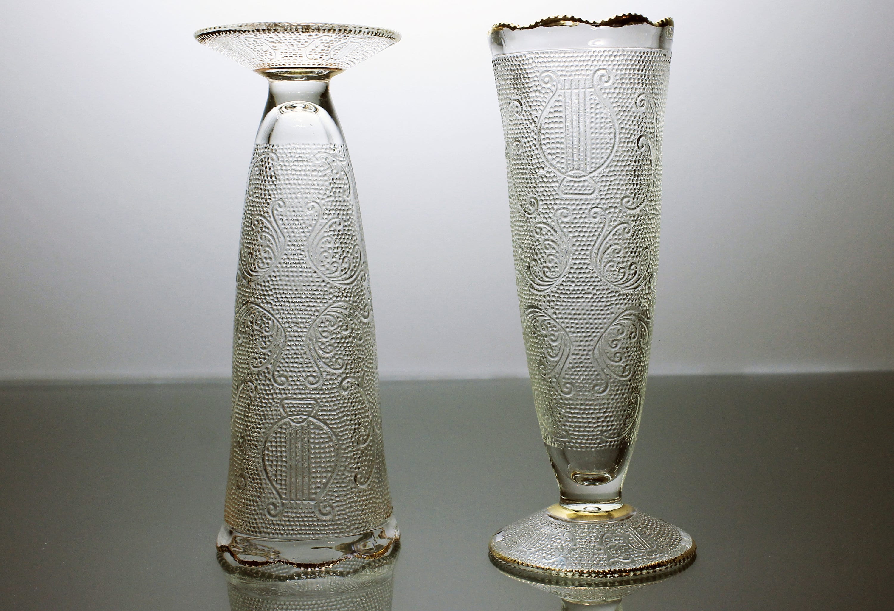 Vases, Glass, Harp Pattern, Gold Trim, Set of 2, Flower Vases