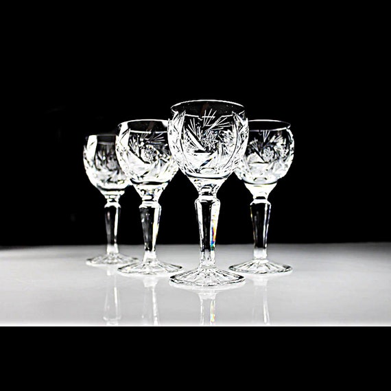 Cut Crystal Wine Glasses, American Cut, Juliette, Hobstar, Cut Bowl and Foot, Set of 4, Stemware, Barware