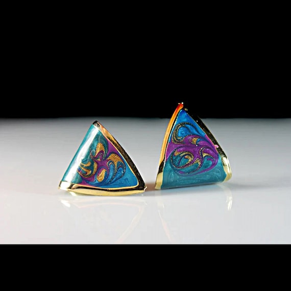 Swirl Glitter Enamel Earrings, Pierced, Curved Triangle, Gold Tone, Jewelry, Fashion Jewelry, Costume Jewelry