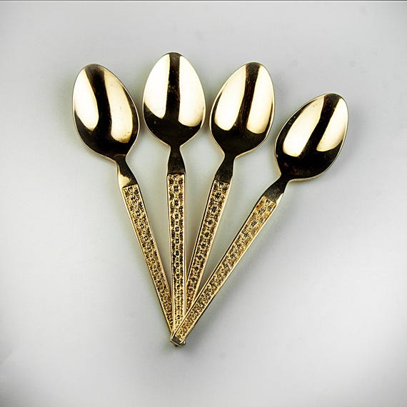 Gold Stainless Steel Teaspoons – Set of 4 Trocadero Pattern by HF Korea – 6 Inch Floral Handle Spoons – 1970s-80s Flatware