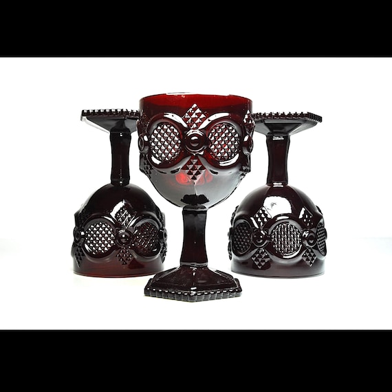 Avon 1876 Cape Cod Ruby Red Water Goblets, Vintage 1980s Pressed Glass, Set of 3