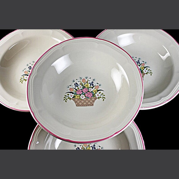 Soup Bowls, Sango China, Chesapeake White, Floral Basket, Set of 4, Stoneware