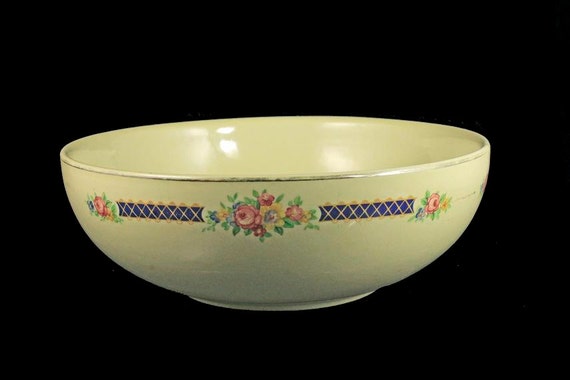 Salad Serving Bowl, Halls Kitchenware, Blue Bouquet Platinum, Made in the USA, Light Yellow