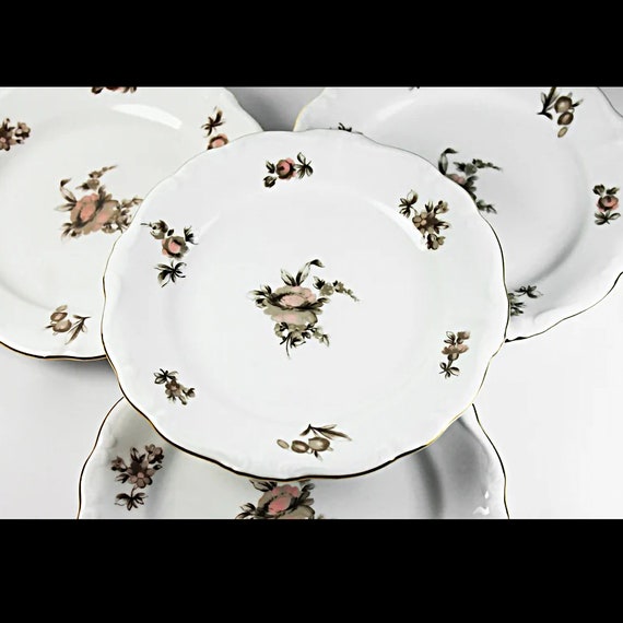 Bread and Butter Plates, Johann Haviland, Moss Rose, Bavarian Backstamp, Floral Pattern, Set of Four, Fine China, Roll Plates