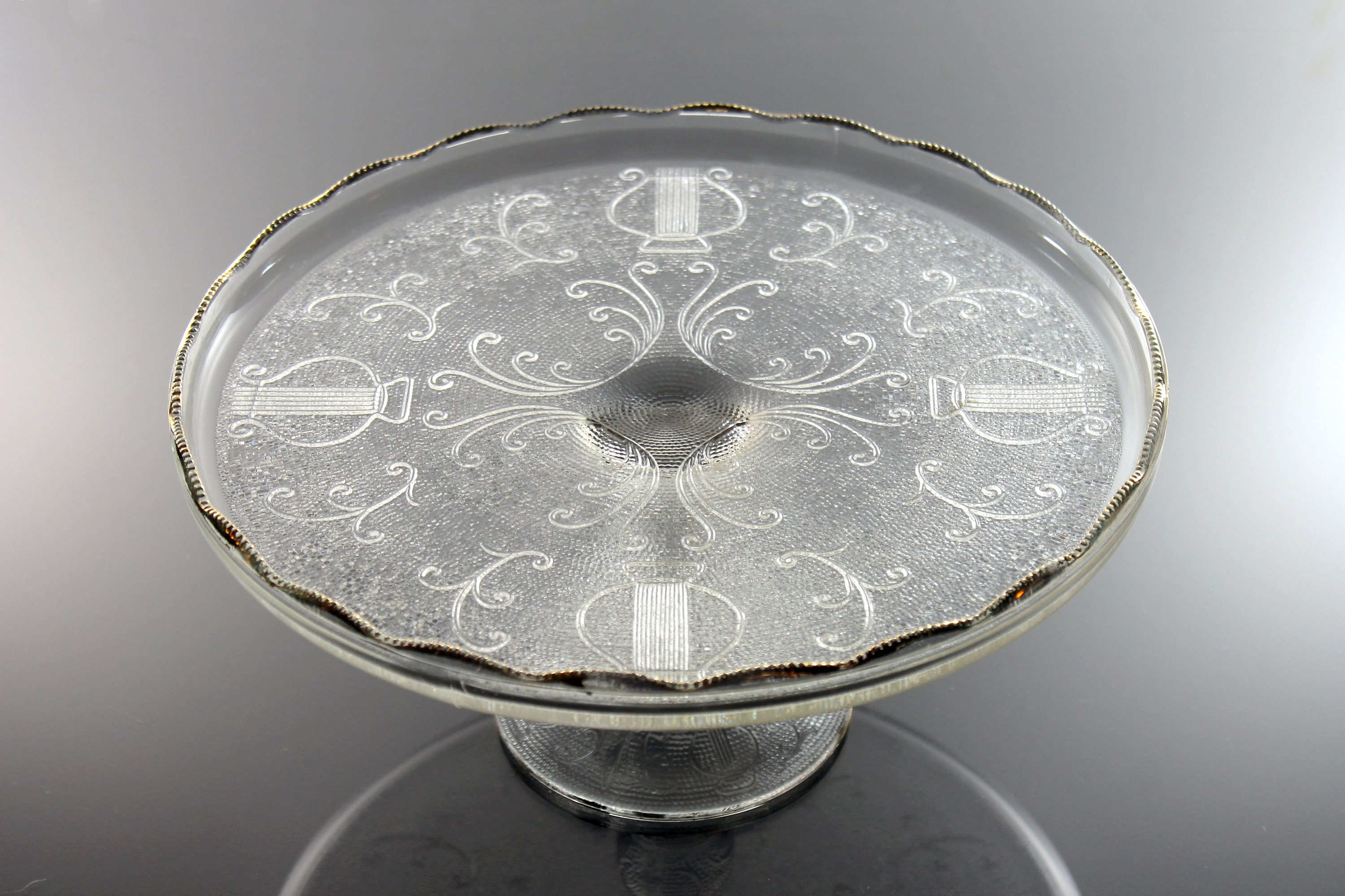 Pedestal Cake Stand Jeannette Glass Harp Pattern Gold Trim