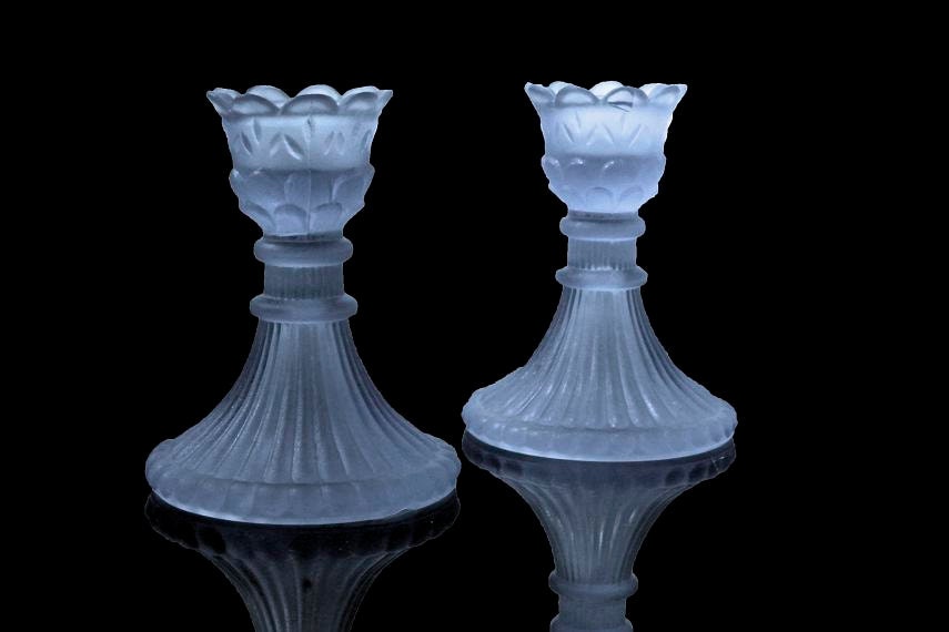 Candlestick Holders, Set of 2, Frosted Light Blue, Ribbed Bottom