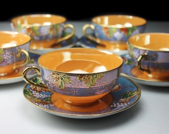 Antique Cups and Saucers, Lusterware, Set of 5, Made in Japan, Leaf, Raised Gold, Hand Painted