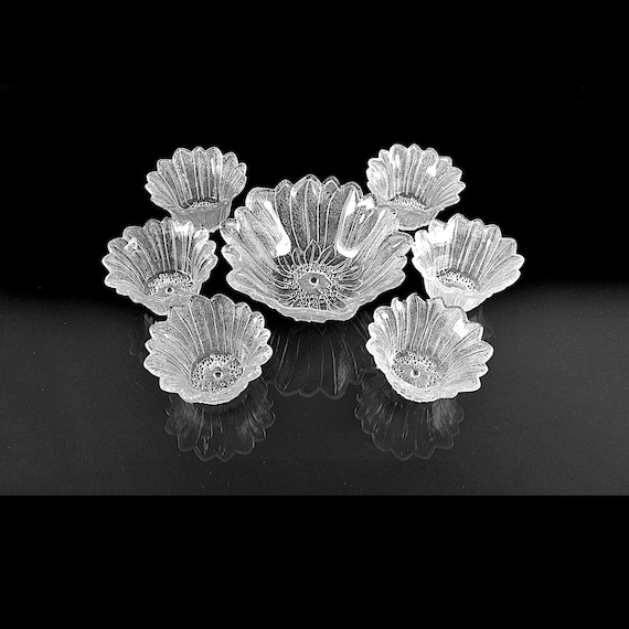 Indiana Glass Lily Pons Berry Bowl Set – 7 Pc Depression Glass Dessert Set – Vintage Clear Pressed Glass Floral Pattern 1930s–40s