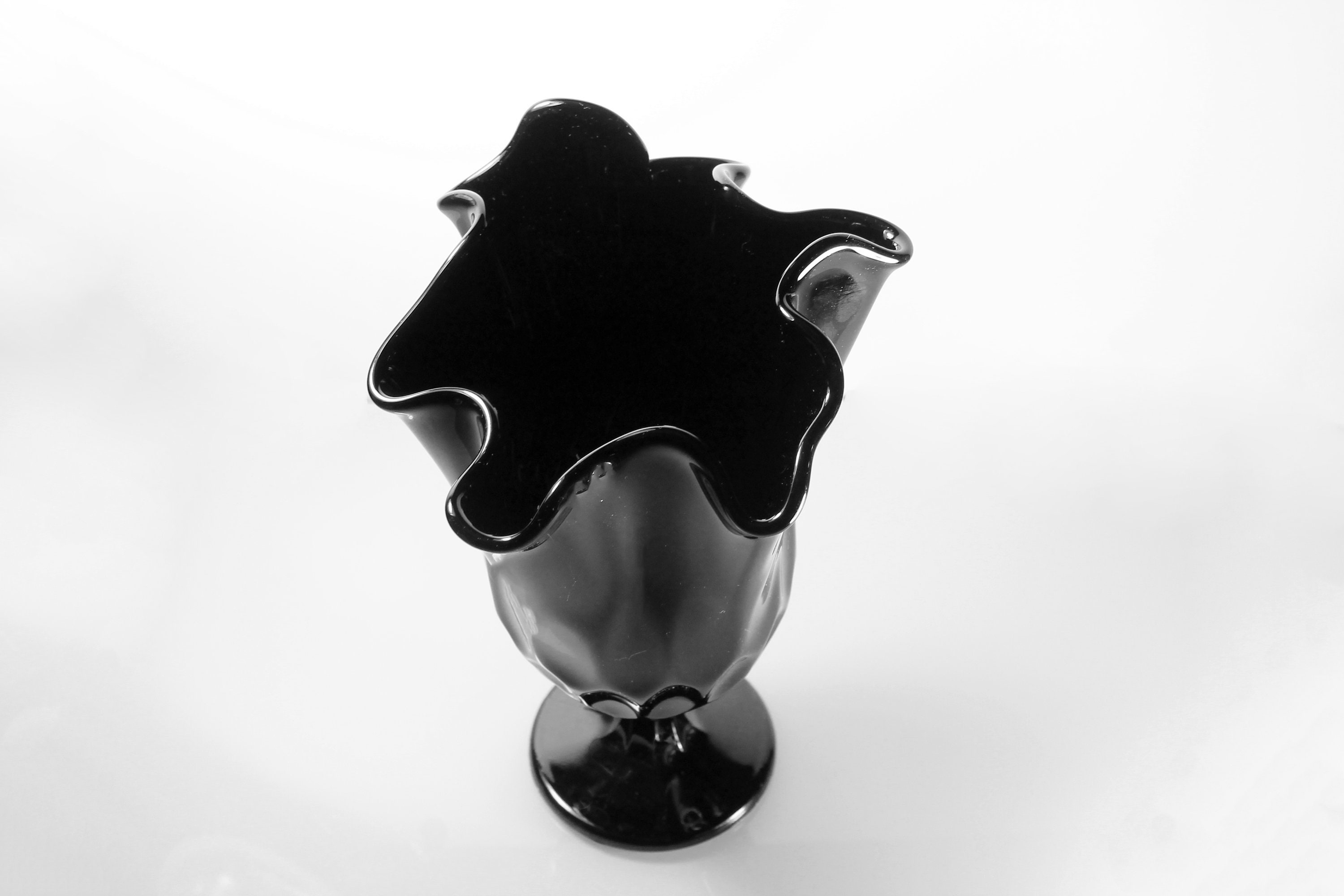 Fenton, Thumbprint Black Vase, Black Handkerchief Vase, Art Glass