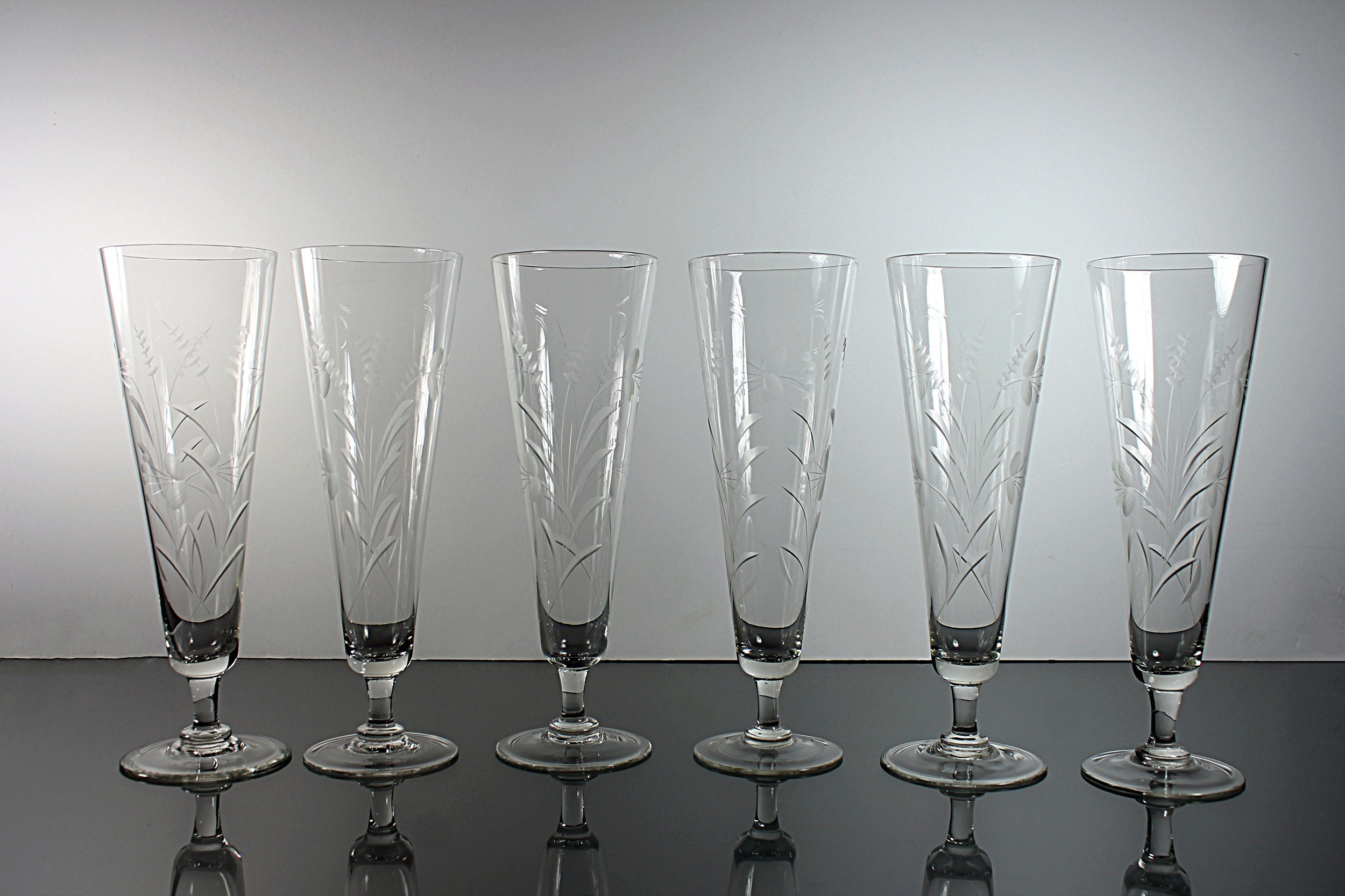 Crystal Pilsner Glasses, Arcadia Capri, Gray Cut Floral, Clear Glass