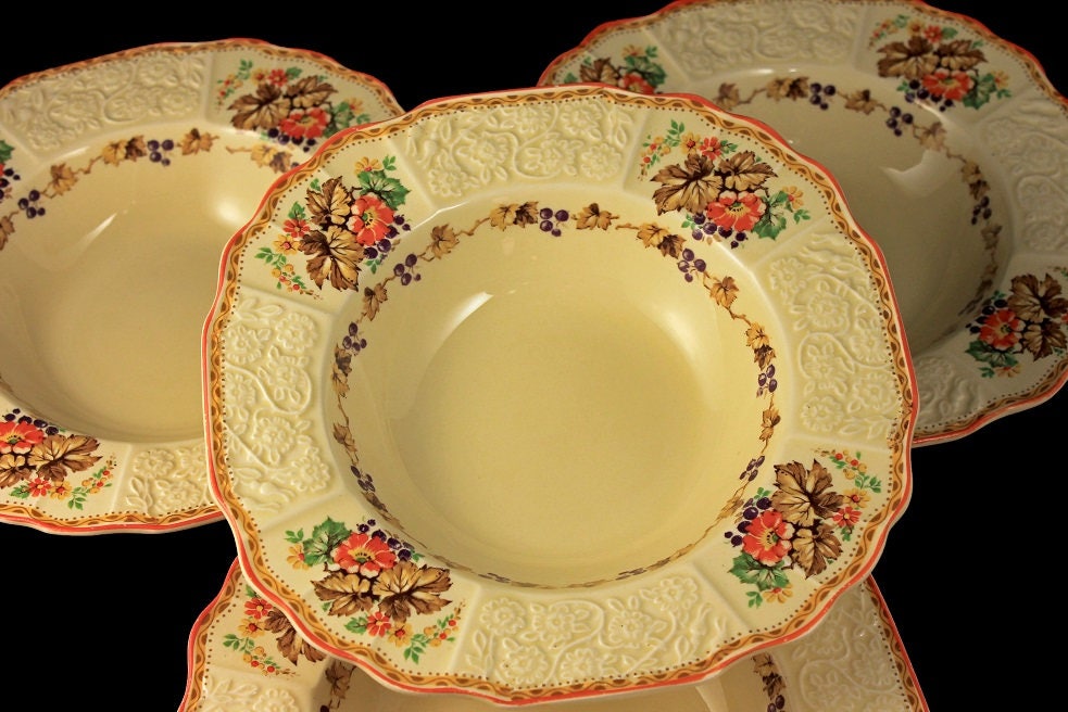 Rim Soup Bowls, Myott Staffordshire, Embossed, Grapes, Flowers, and