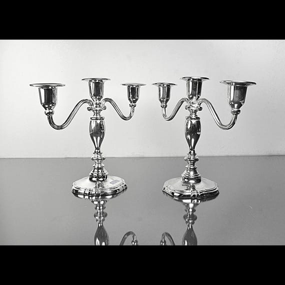 International Silver Company Silverplate 3 Light Candelabra Candlesticks, Set of 2