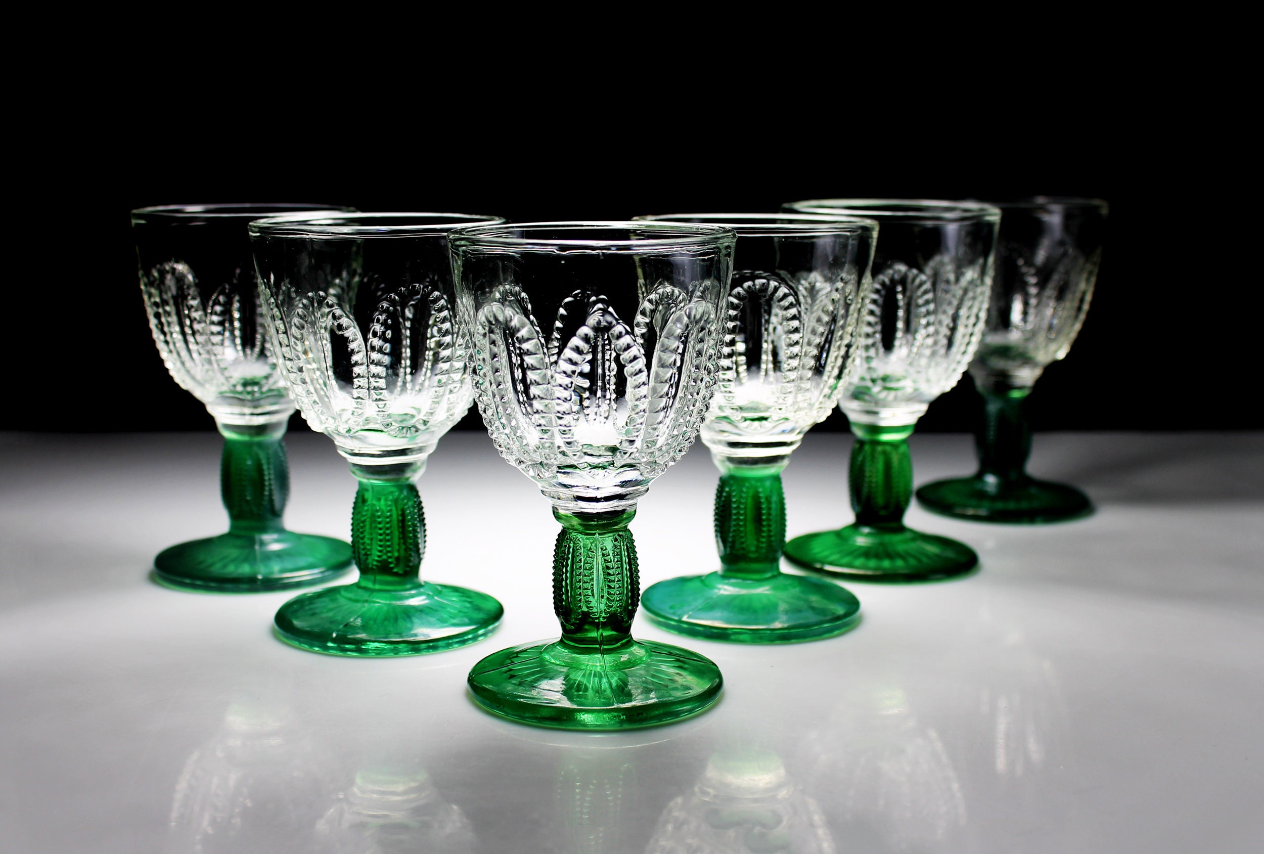 Green Depression Glass Stem Clear Small Cordial Drinking Glasses