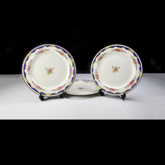 Bread and Butter Plates, Homer Laughlin, Eggshell Nautilus, Blue Band with Flowers, Set of 3, Gold Trim, Dinnerware