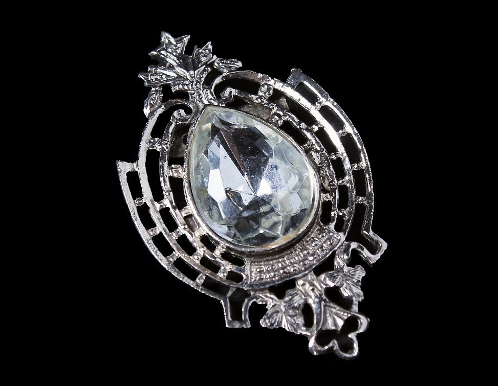 Antique Brooch, Single Stone, Clear Rhinestone, Silver Tone, Handmade ...