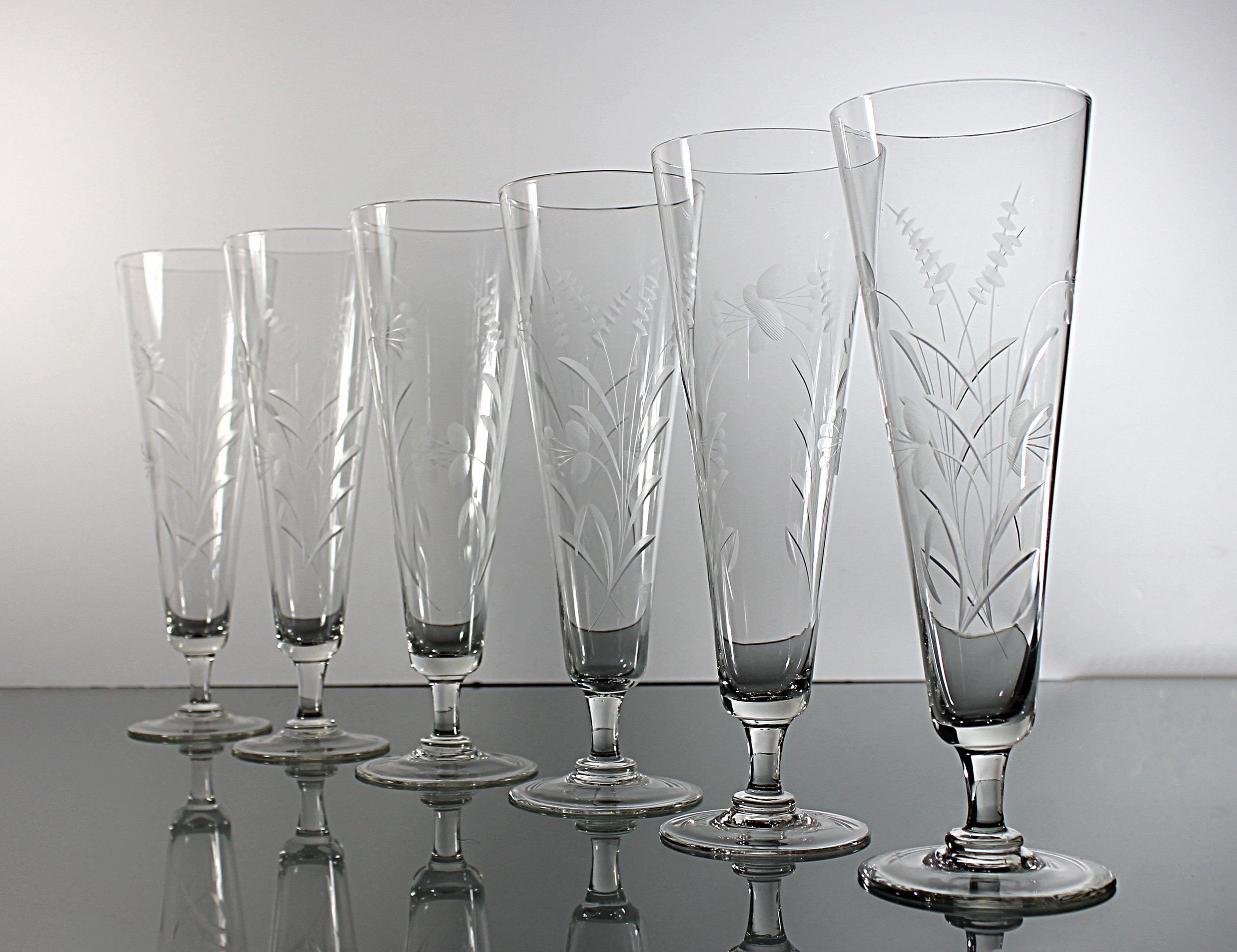 Crystal Pilsner Glasses, Arcadia Capri, Gray Cut Floral, Clear Glass