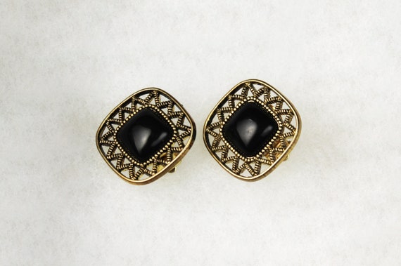 Square Clip-On Earrings, Onyx Bead, Gold Tone, Co… - image 9