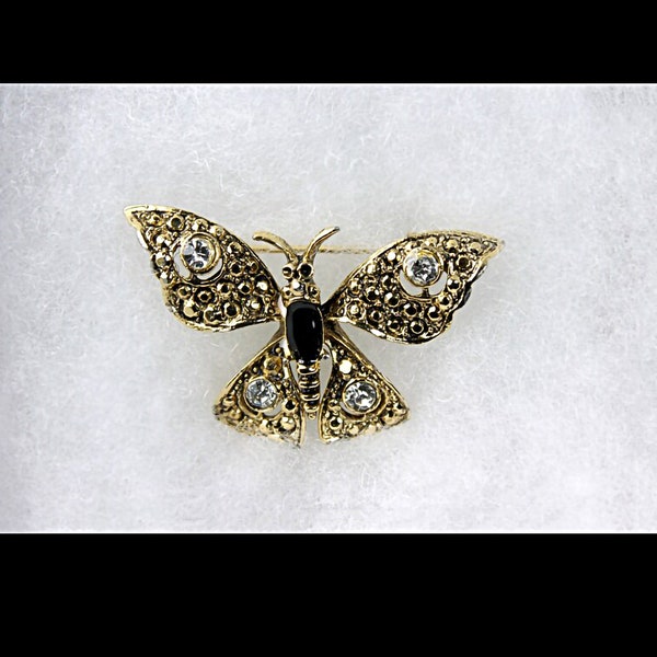 Butterfly Brooch, Gold Tone, Clear Rhinestone, Onyx Stone, Locking C Clasp, Fashion Pin, Costume Jewelry, Collectible, Small Pin