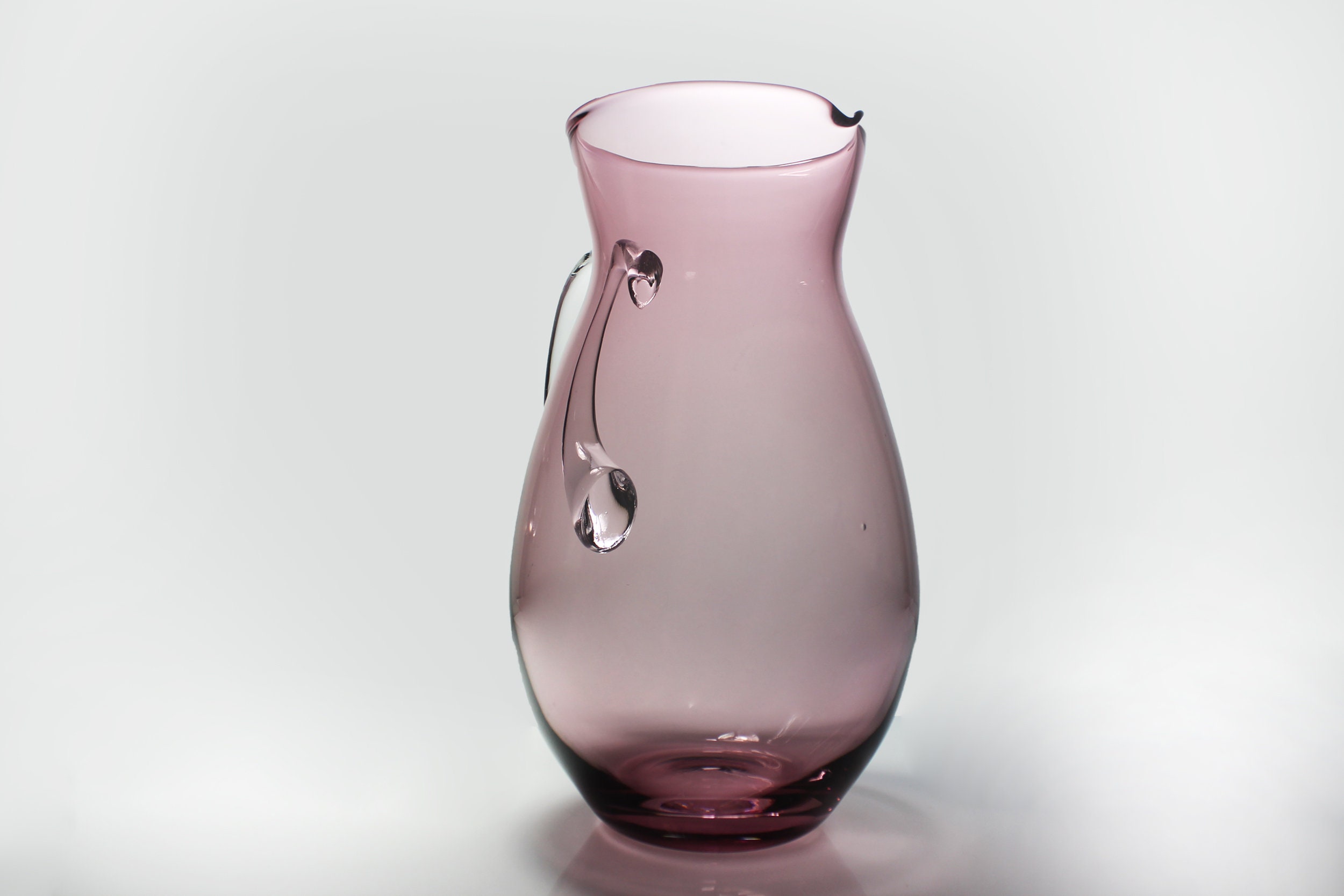 Large Amethyst Pitcher, Clear Applied Handle, Hand Blown, Tableware