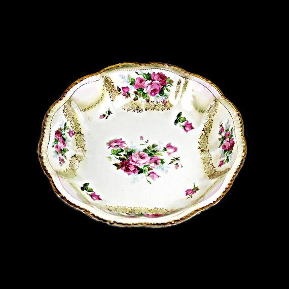 Empire China Vegetable Bowl, Fruit Bowl, Pink Rose, Gold Trim, Serving Bowl, Embossed, Centerpiece, Decorative