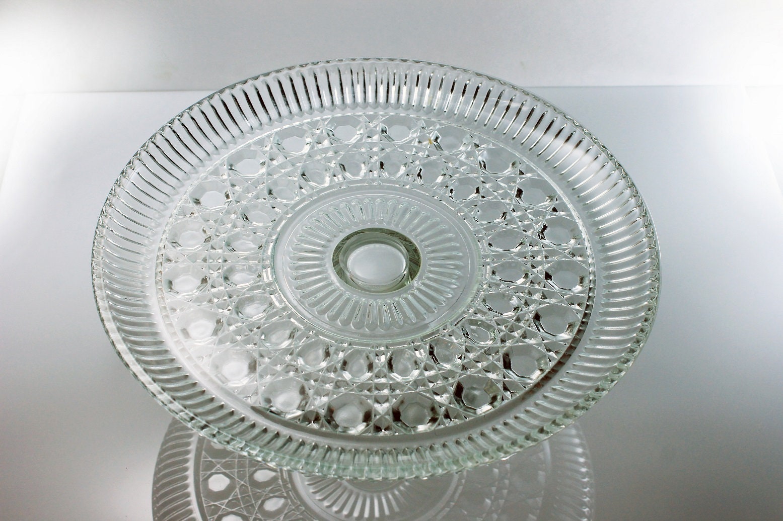 Covered Cake Stand, Federal Glass, Windsor Pattern, Button and Cane