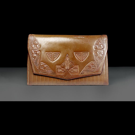 Antique Tooled Leather Clutch, Art Nouveau, 1930s Vintage, Handbag, Cowhide, Snap Closure