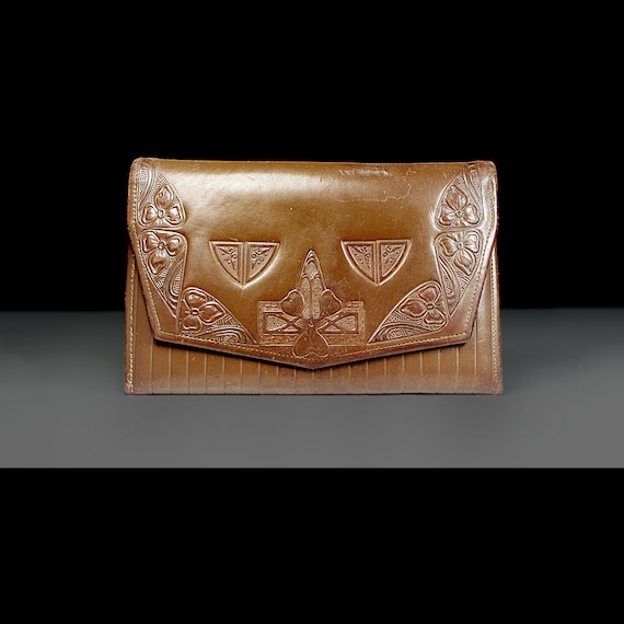 Antique Tooled Leather Clutch, Art Nouveau, 1930s Vintage, Handbag, Cowhide, Snap Closure