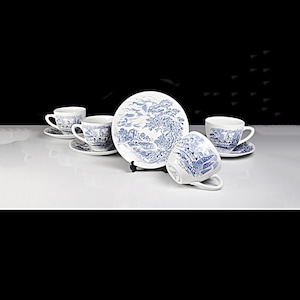 Enoch Wedgwood Countryside Cups and Saucers – Blue and White Transferware – Set of 4 – Made in England