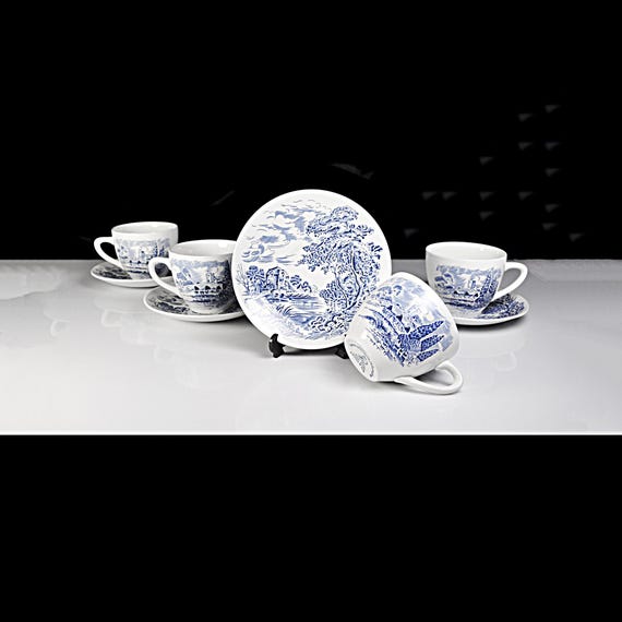 Enoch Wedgwood Countryside Cups and Saucers – Blue and White Transferware – Set of 4 – Made in England