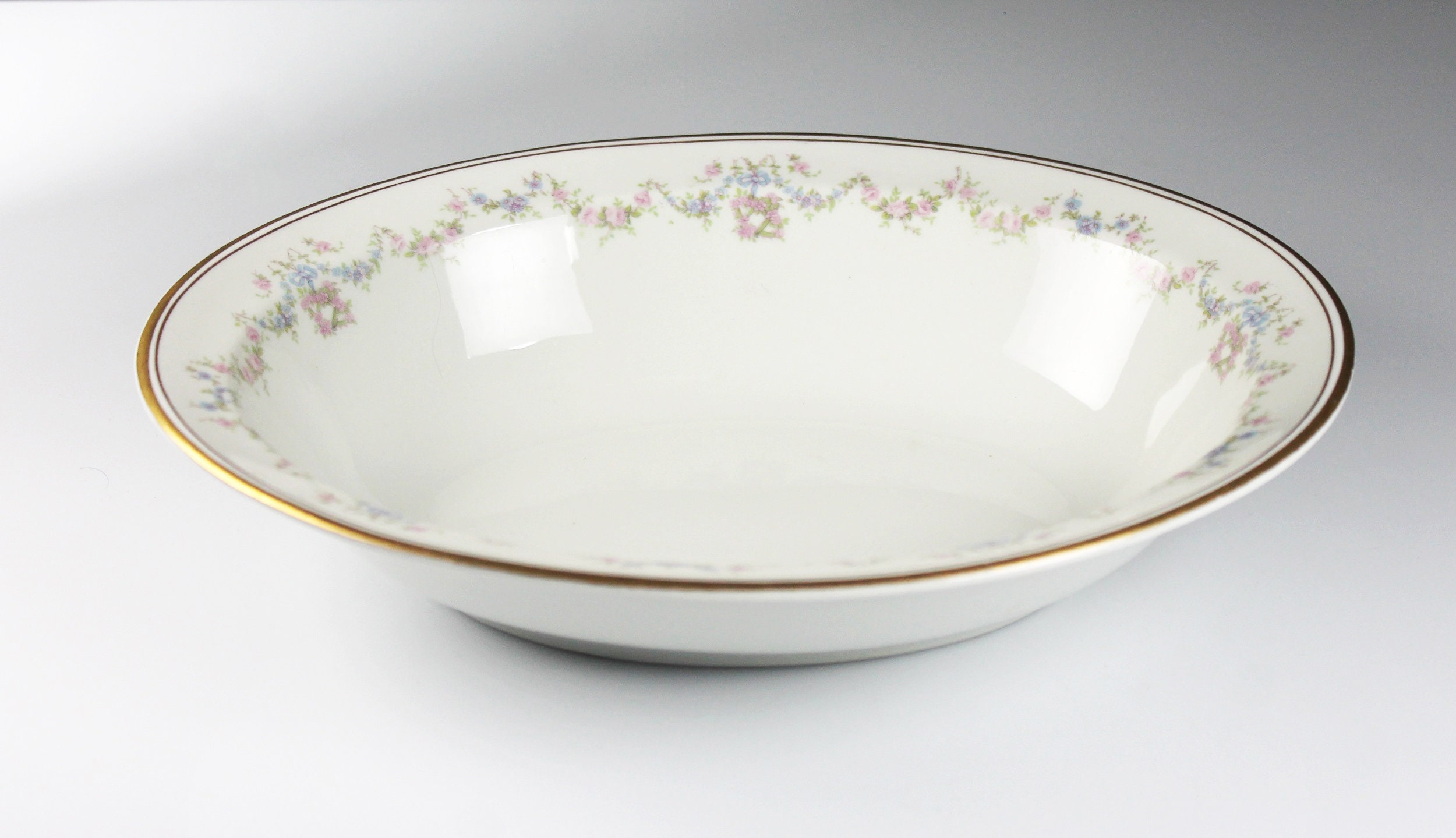 Oval Vegetable Bowl, O P Co Syracuse China, Floral Pattern, White, Pink