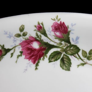 Puede incluir: Un plato de cer&aacute;mica blanco con un dise&ntilde;o floral con rosas rosas y hojas verdes.