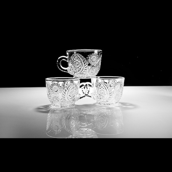 Antique Westmoreland Atlanta Glass Punch Cups - Set of 3 - Ornate Star and Plume Design, 1920s–1930s, EAPG Glass