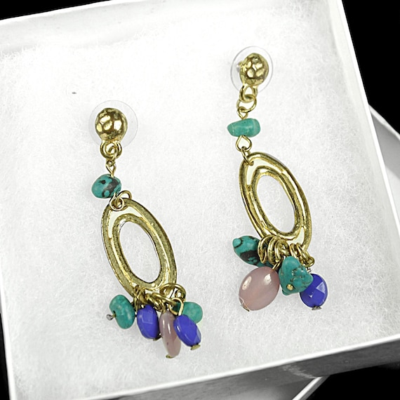 Vintage Boho Beaded Dangle Post Earrings, Gold Tone Turquoise Style