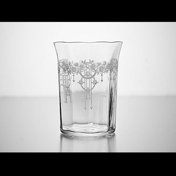 Antique Monongah Roseland Pattern Etched Glass Tumbler – 1927 Optic Paneled 8 oz Elegant Glass