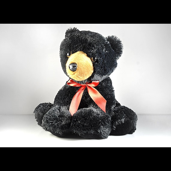 Aurora Black Bear Plush with Red Bow – 12 Inch Sitting Bear
