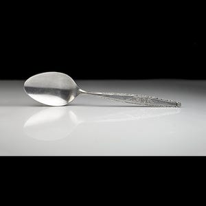 May include: A silver spoon with an oval bowl and a decorative handle. The handle has an engraved floral pattern. The spoon is on a white surface with a black background.