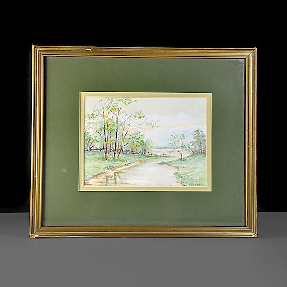 Original Watercolor Landscape Painting Framed, Country Stream Meadow Scene, Signed Artwork