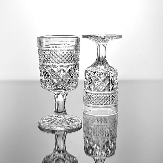 Anchor Hocking Wexford Small Wine Glasses, Set of 2 - Pressed Glass Diamond Pattern