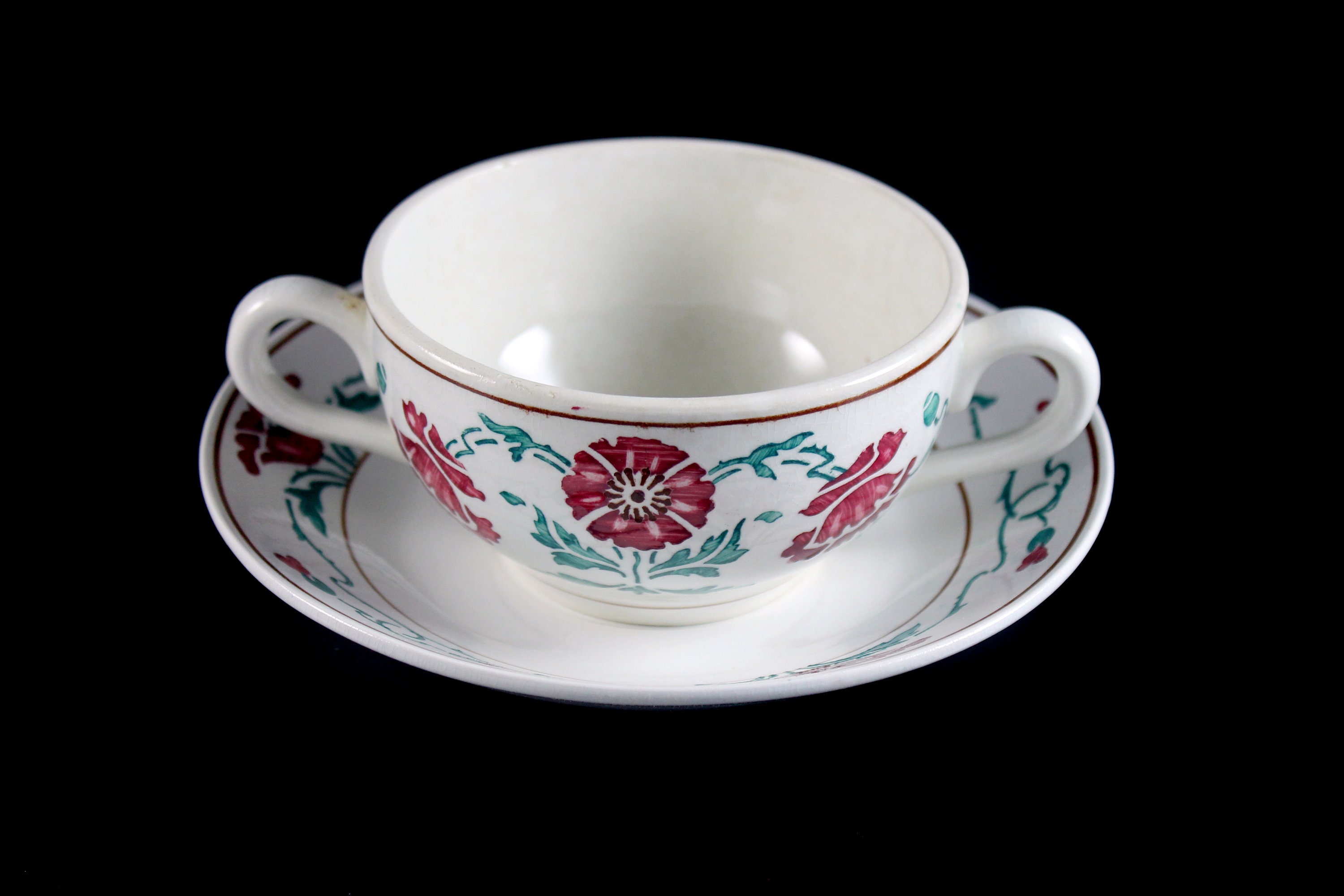 Antique Bouillon Cup and Saucer, Villeroy & Boch, Saxony, Dresden, Red