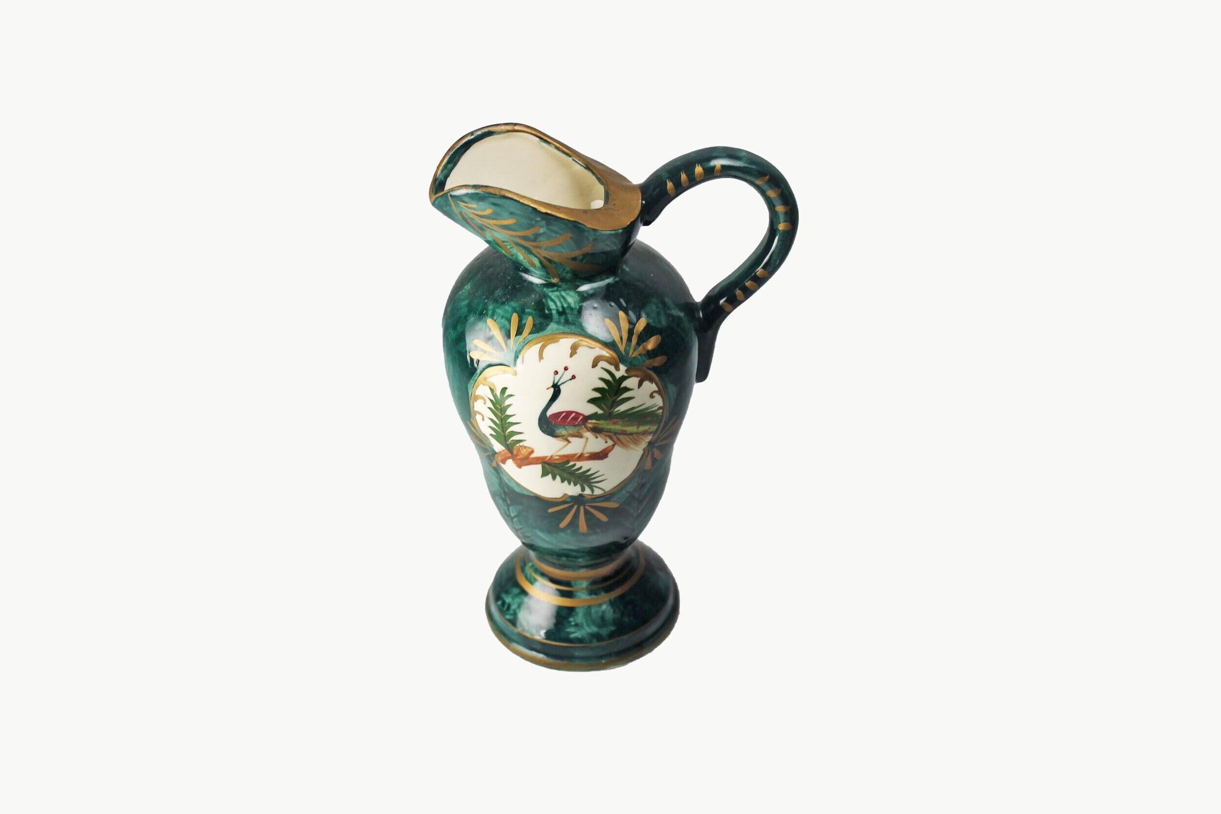 Decorative Pitcher, Peacock Portrait, Gold Trim, Collectible, Hand