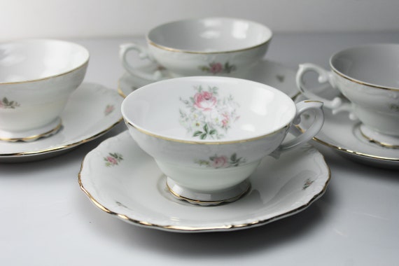 Cups and Saucer, Crest Wood, Georgian Rose, Pink Floral, Set of 4
